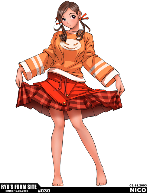 1girl, barefoot, brown_hair, curtsey, female_focus, full_body, holding_own_skirt, legs
