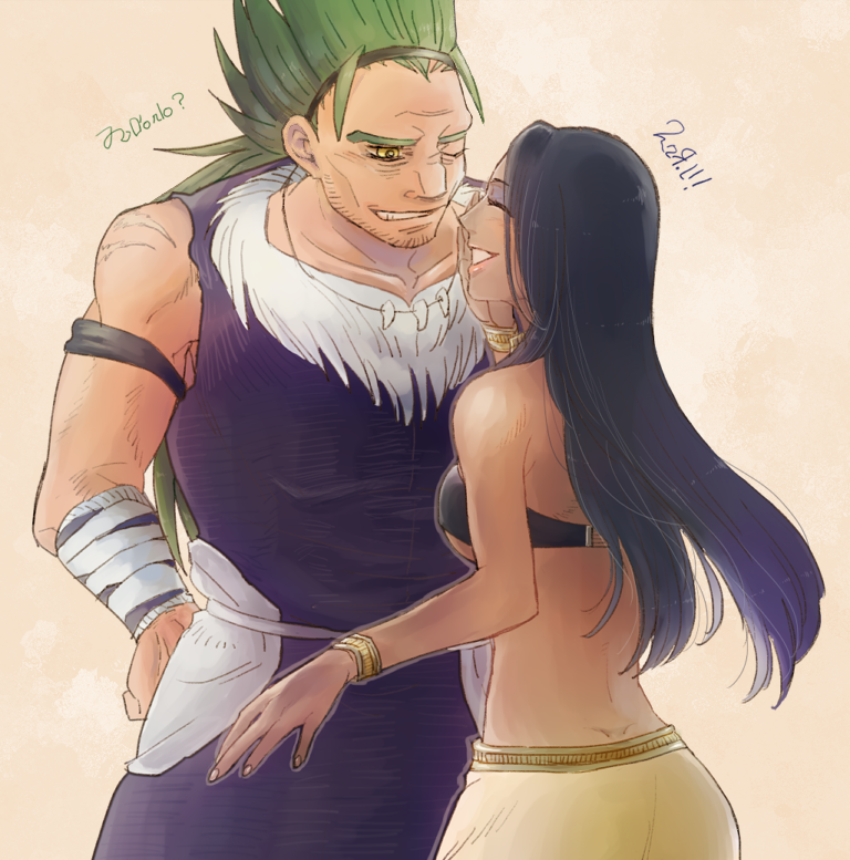 1boy, 1girl, black_hair, bracelet, dark_skin, closed_eyes, facial_hair, fur_trim