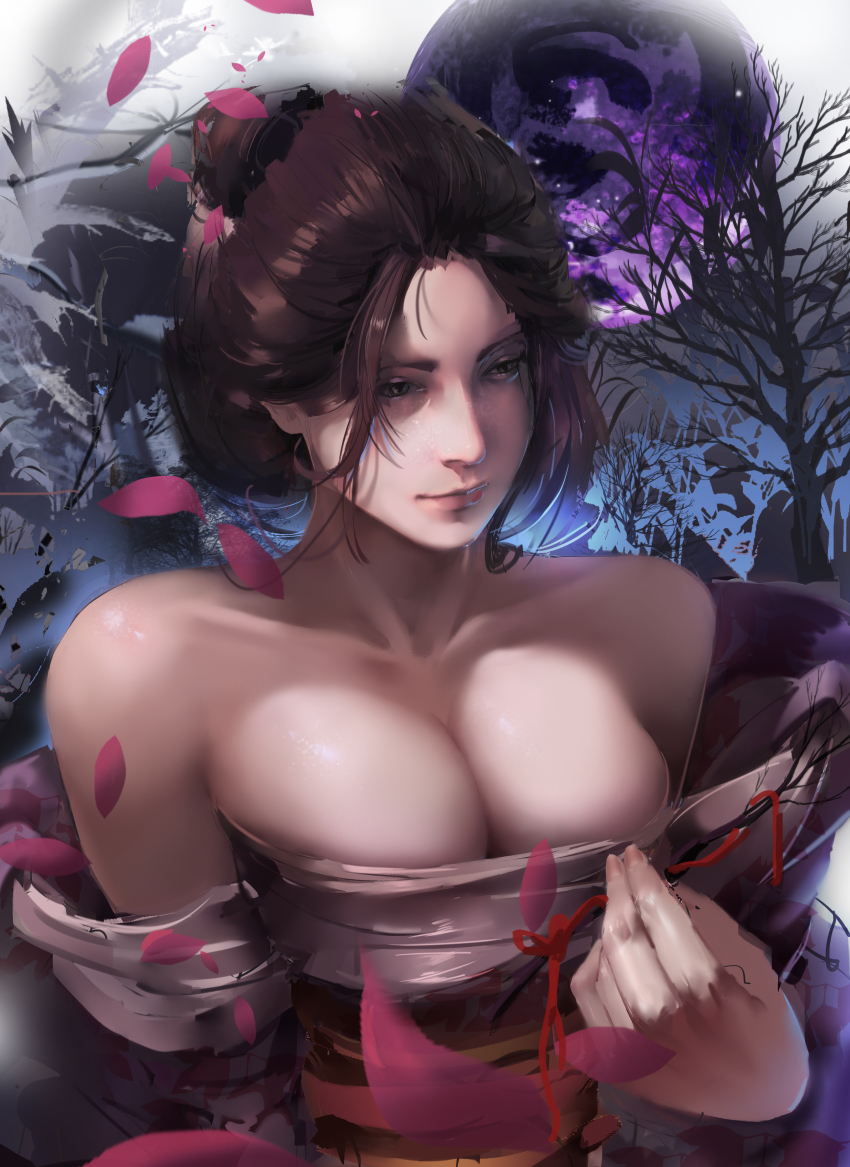 1girl, absurdres, bare_shoulders, black_hair, branch, breasts, cleavage, closed_mouth, collarbone, emma_the_gentle_blade, grey_eyes, hair_bun, highres, holding, japanese_clothes, kimono, large_breasts, mikakuwa, petals, sekiro:_shadows_die_twice, short_hair, single_hair_bun, solo, tree