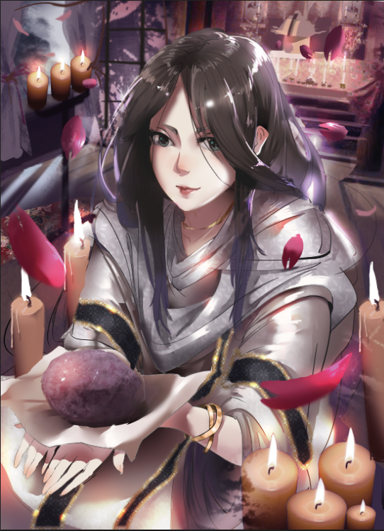 1girl, black_hair, breasts, candle, closed_mouth, collarbone, divine_child_of_rejuvenation, green_eyes, japanese_clothes, kimono, long_hair, long_sleeves, medium_breasts, mikakuwa, miko, ohagi_(food), paper, parted_bangs, petals, rice, sekiro:_shadows_die_twice, smile, solo, tatami, wide_sleeves