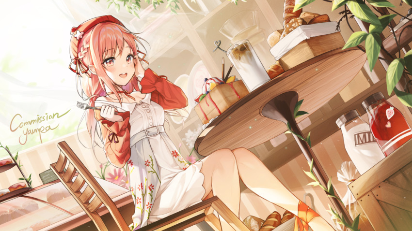 1girl, bare_shoulders, blush, braid, bread, breasts, chair, choker, commission, cup, day, dress, drinking_straw, food, fork, hat, holding, holding_fork, ice_cream, indie_virtual_youtuber, indoors, long_hair, long_sleeves, looking_at_viewer, nini_yuuna, nini_yuuna_(1st_costume), open_mouth, original, pink_eyes, pink_hair, plant, sitting, small_breasts, solo, table, teeth, virtual_youtuber, yampa