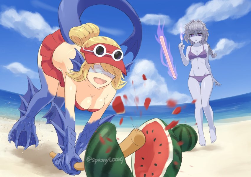 2girls, animal_hands, bare_arms, beach, bikini, blindfold, blonde_hair, blue_skin