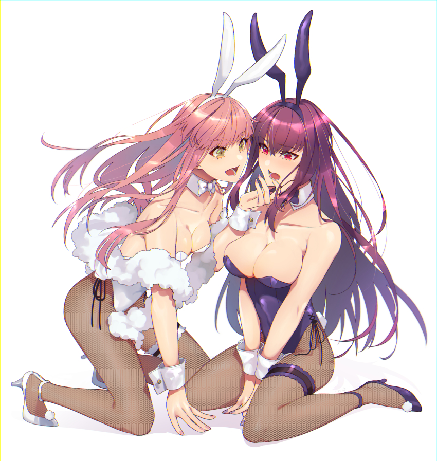 2girls, absurdres, animal_ears, blush, bow, bowtie, breasts, cleavage
