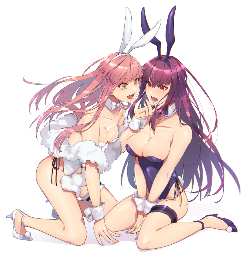 2girls, absurdres, animal_ears, blush, bow, bowtie, breasts, cleavage, collarbone, detached_collar, fake_animal_ears, fake_tail, fate/grand_order, fate_(series), fluffy, frilled_thigh_strap, head_grab, high_heels, highres, kneeling, large_breasts, leotard, medb_(fate), medium_breasts, multiple_girls, official_alternate_costume, open_mouth, pink_hair, playboy_bunny, rabbit_ears, rabbit_tail, scathach_(fate), scathach_(piercing_bunny)_(fate), simple_background, strapless, strapless_leotard, tail, thigh_strap, tia_(cocorosso), white_background, wrist_cuffs, yellow_eyes