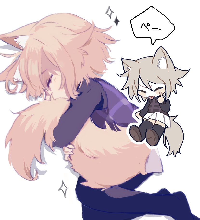 1girl, akanbe, animal_ear_fluff, animal_ears, blonde_hair, chibi, eyelid_pull, fox_ears