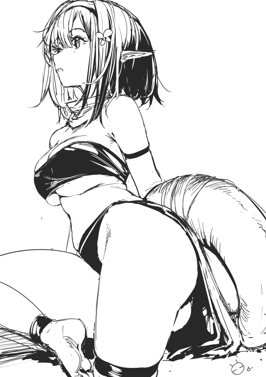 1girl, absurdres, arknights, arm_strap, ass, bare_shoulders, barefoot, breasts