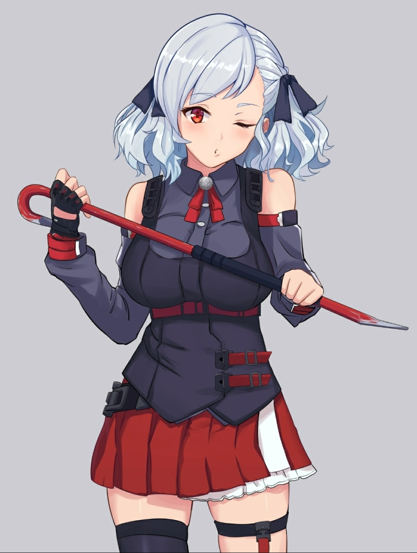 1girl, admiralkeyes, asymmetrical_bangs, bare_shoulders, black_ribbon, blush, breasts, cowboy_shot