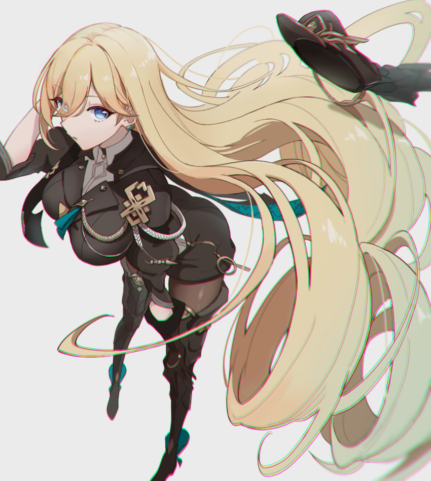 1girl, aiguillette, black_boots, black_gloves, black_hat, black_jacket, black_pantyhose, blonde_hair