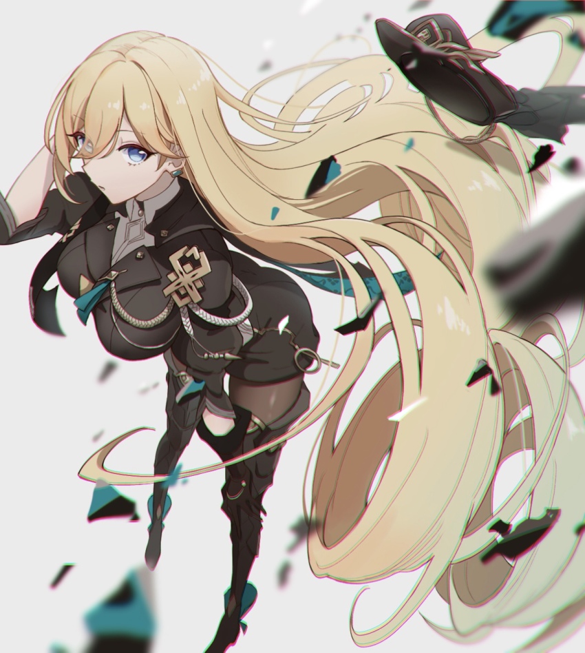 1girl, aiguillette, black_boots, black_gloves, black_hat, black_jacket, black_pantyhose, blonde_hair