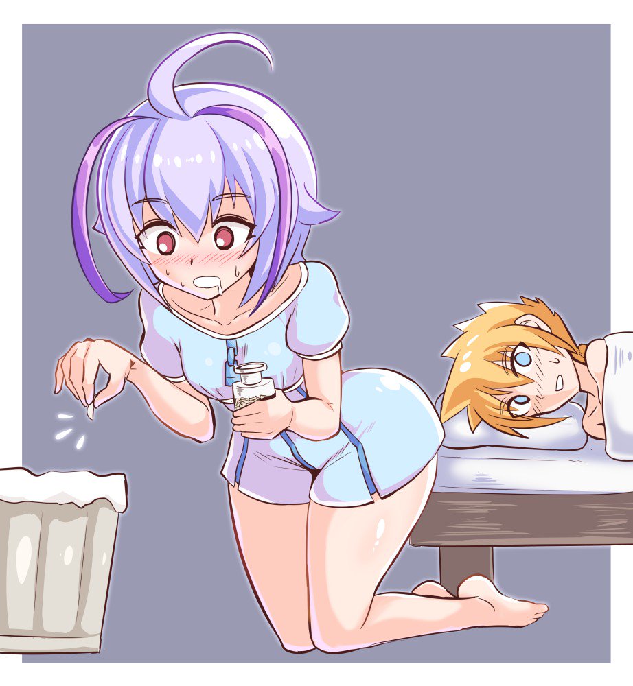 1boy, 1girl, azure_striker_gunvolt, blonde_hair, breasts, commentary_request, cougar_(cougar1404), dress