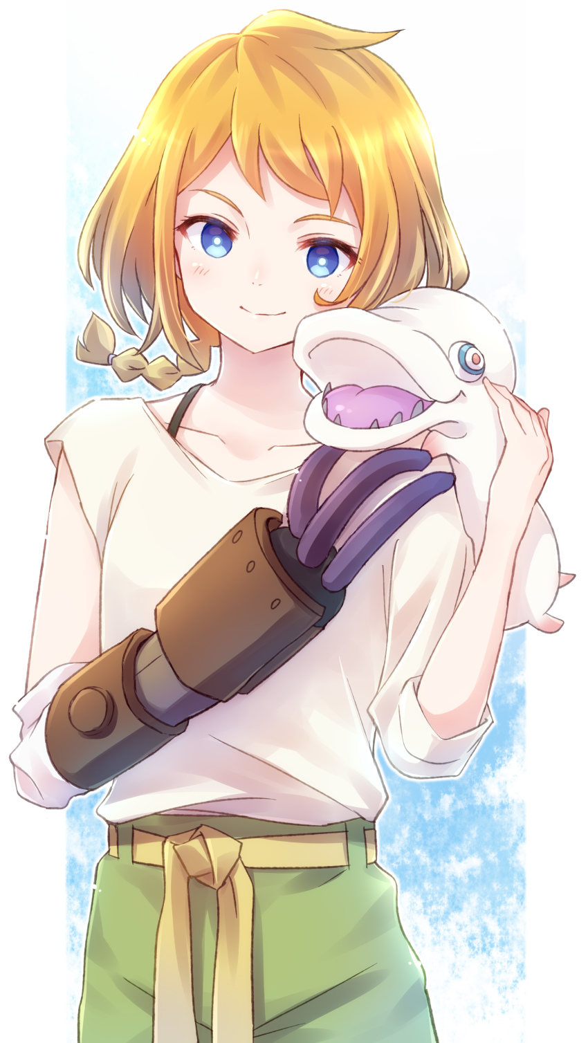 1girl, absurdres, blue_eyes, braid, creature, decadence_(anime), highres, holding