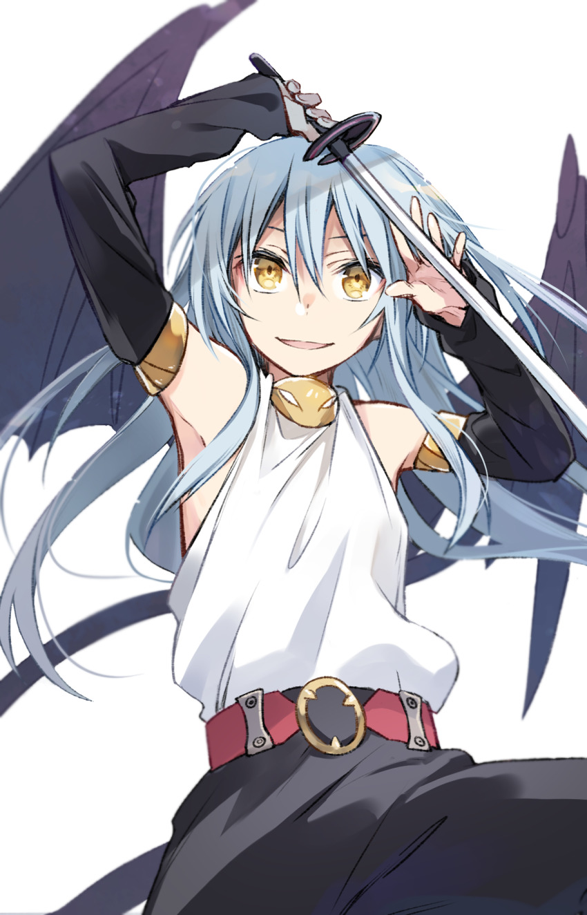 1other, androgynous, armpits, bare_shoulders, belt, blue_hair, detached_sleeves, hair_between_eyes
