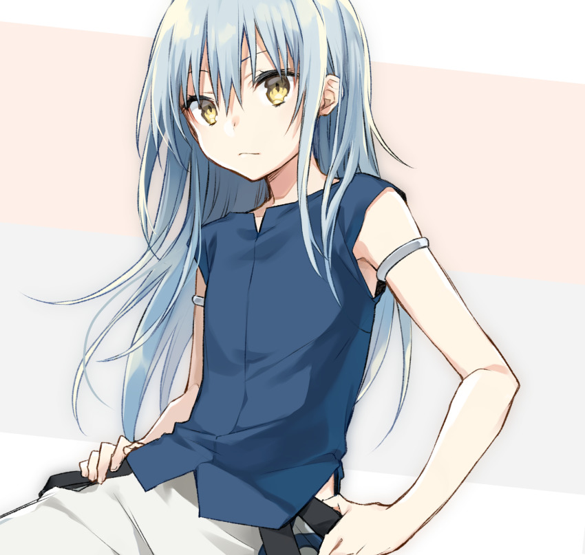 1other, androgynous, bangle, blue_hair, bracelet, closed_mouth, collarbone, hair_between_eyes