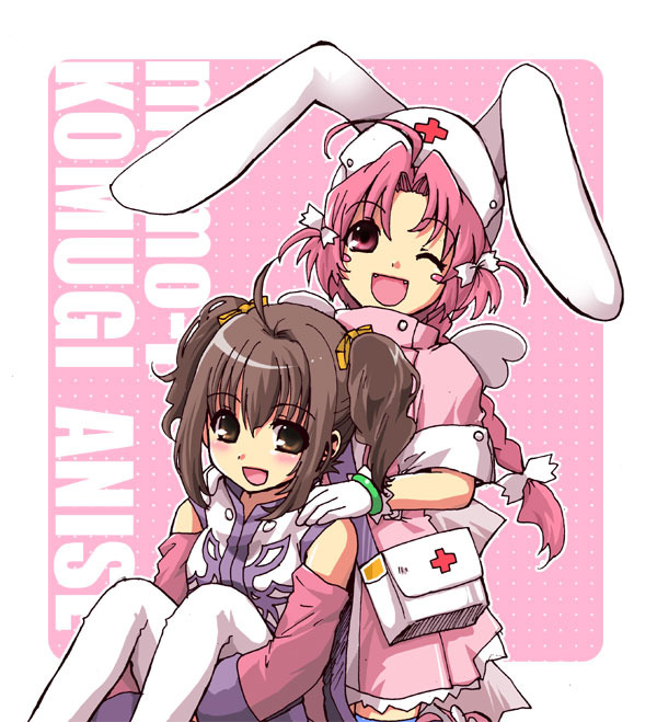 00s, 2girls, ahoge, animal_ears, anise_tatlin, blush, braid, brown_eyes