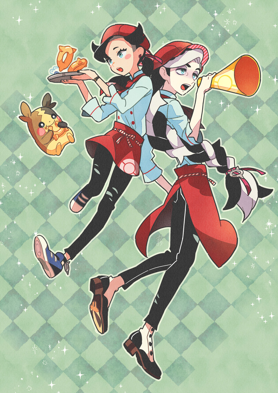 1boy, 1girl, apron, asymmetrical_bangs, black_hair, black_leggings, blue_eyes, blush_stickers