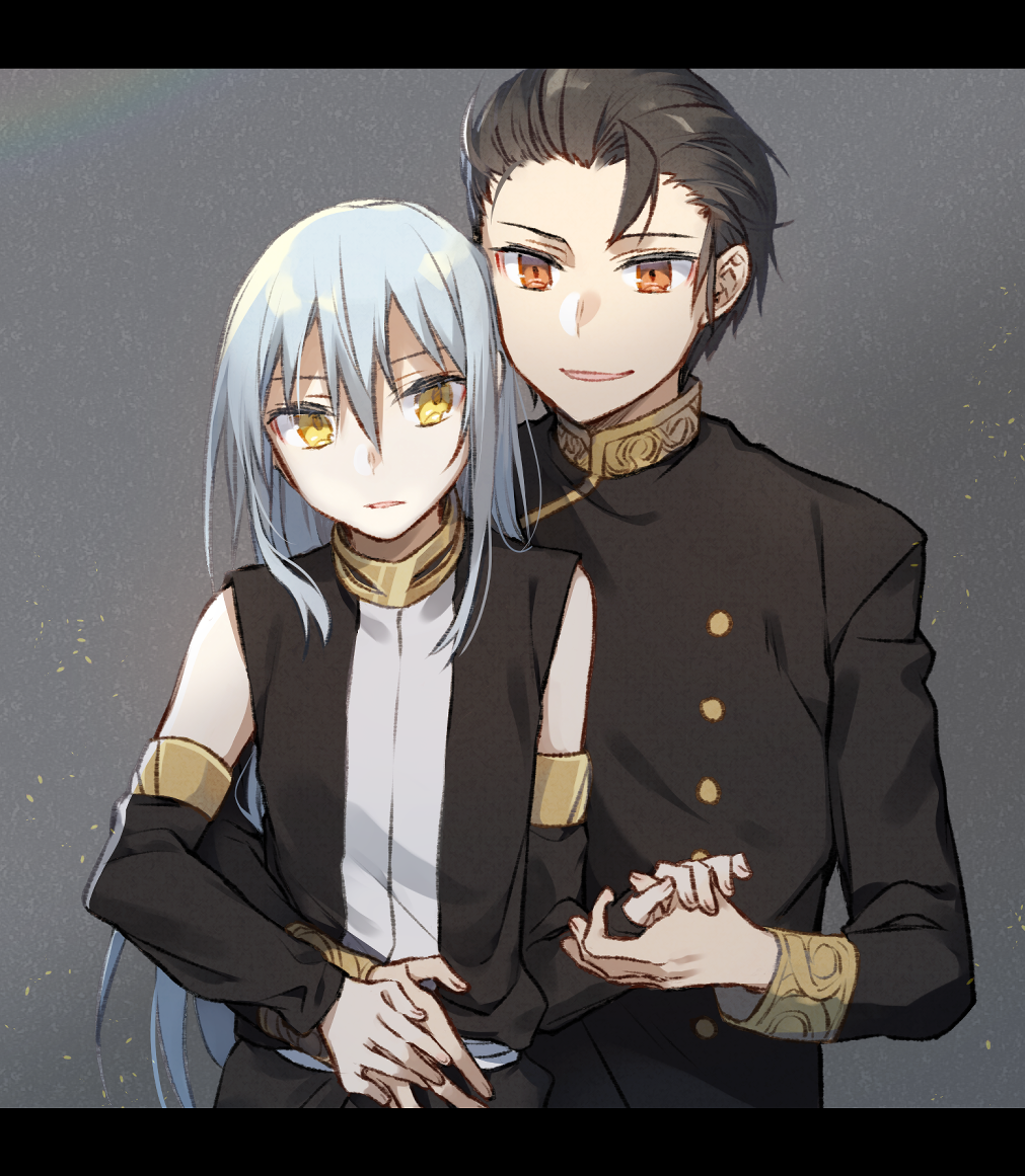 1boy, 1other, androgynous, black_hair, blue_hair, brown_eyes, detached_sleeves, hair_between_eyes, holding_hands, kagurazaka_yuuki, long_hair, long_sleeves, mikoto_kei, open_mouth, rimuru_tempest, simple_background, smile, swept_bangs, tensei_shitara_slime_datta_ken, very_long_hair, yellow_eyes