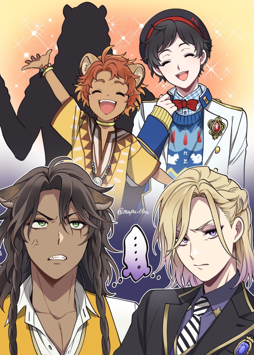 5boys, anger_vein, animal_ears, beret, blazer, blonde_hair, bow, bowtie, bracelet, braid, brown_hair, cheka, cheka_kingscholar, child, dark-skinned_male, dark_skin, green_eyes, hat, highres, jacket, jewelry, leona_kingscholar, leona_kingscholar's_brother, lion_ears, long_hair, male_focus, multiple_boys, necktie, neige_leblanche, purple_eyes, red_hair, school_uniform, silhouette, striped_clothes, striped_necktie, striped_neckwear, sweater, twisted_wonderland, vil_schoenheit, waving, white_jacket