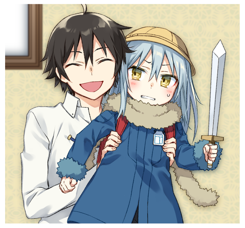 1boy, 1other, androgynous, bag, black_hair, blue_hair, blush, closed_eyes, collar, collared_shirt, framed, fur-trimmed_jacket, fur-trimmed_sleeves, fur_collar, fur_trim, hair_between_eyes, hat, holding, holding_sword, holding_weapon, jacket, kagurazaka_yuuki, kindergarten_bag, long_hair, long_sleeves, mikoto_kei, open_mouth, painting_(object), picture_frame, red_bag, rimuru_tempest, scarf, school_hat, shirt, smile, sweat, sword, teeth, tensei_shitara_slime_datta_ken, weapon, yellow_eyes