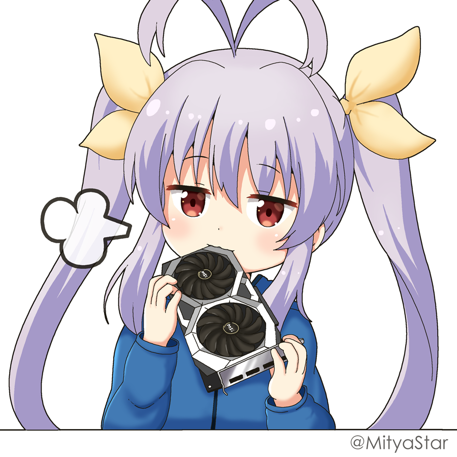 1girl, antenna_hair, biting, blue_shirt, blush, commentary_request, graphics_card, hair_between_eyes