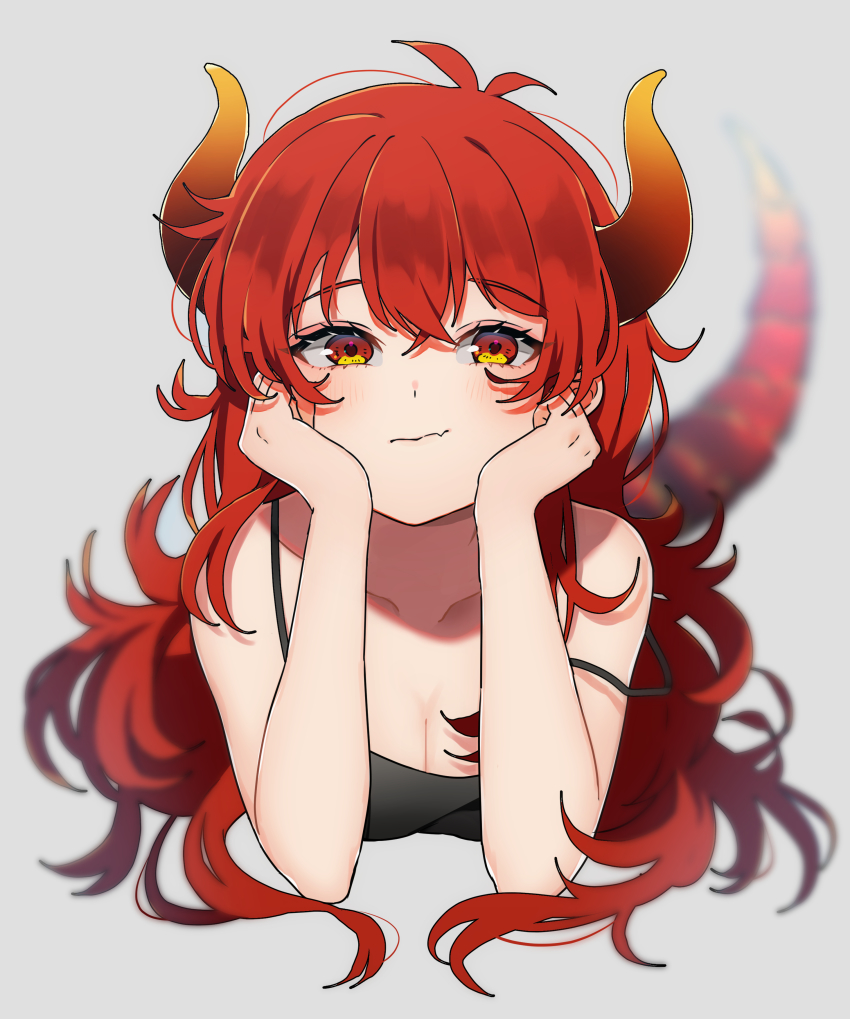 1girl, absurdres, bare_shoulders, blurry, blush, breasts, cleavage, closed_mouth, commentary_request, depth_of_field, dola_(nijisanji), dragon_girl, dragon_horns, grey_background, hair_between_eyes, hands_on_own_cheeks, hands_on_own_face, head_rest, heart, heart-shaped_pupils, highres, horns, long_hair, looking_at_viewer, lying, makurappoi, medium_breasts, nijisanji, on_stomach, pout, red_eyes, red_hair, simple_background, sleeveless, solo, strapless, symbol-shaped_pupils, tail, upper_body, virtual_youtuber, wavy_mouth