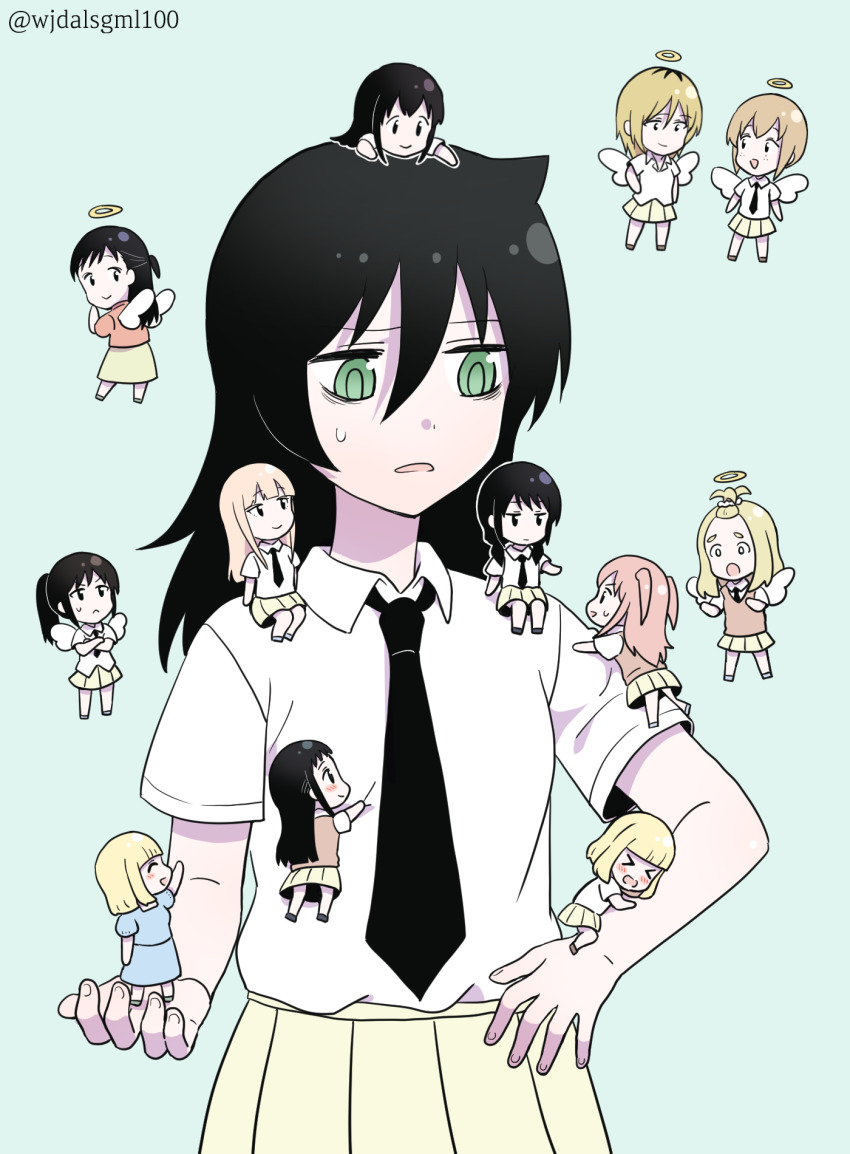 >_<, 6+girls, :d, :o, ^_^, angel_wings, bags_under_eyes, black_hair