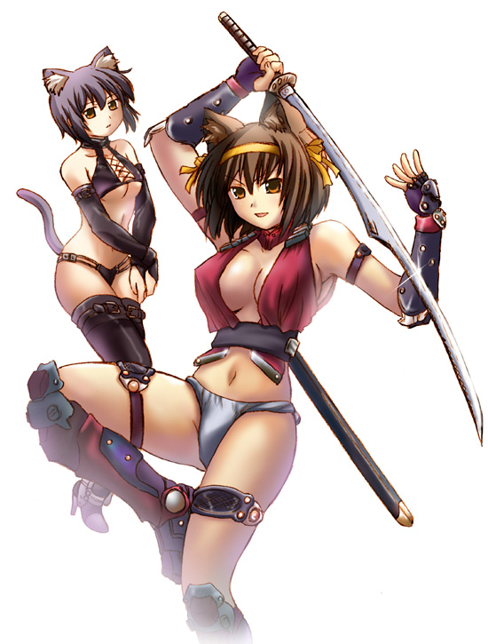 00s, 2girls, animal_ears, boots, breasts, bridal_gauntlets, brown_hair, cat_ears, cat_tail, cleavage, cloe, elbow_gloves, fingerless_gloves, gloves, hairband, halterneck, high_heels, large_breasts, multiple_girls, nagato_yuki, navel, ninja, purple_hair, schell, shoes, short_hair, small_breasts, steed_(steed_enterprise), suzumiya_haruhi, suzumiya_haruhi_no_yuuutsu, sword, tail, tandem_twin, thigh_boots, thigh_strap, thighhighs, weapon