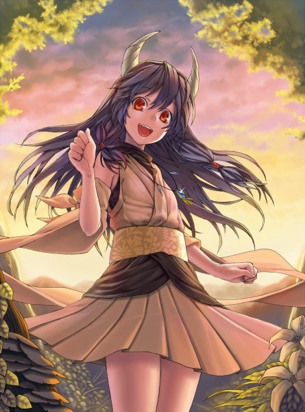 1girl, bad_id, bad_pixiv_id, blue_hair, female_focus, flower, hair_ornament, horns, inuzuka_bouru, japanese_clothes, jewelry, long_hair, naga_(staygarden), open_mouth, pendant, red_eyes, ryuujin_naga, smile, solo, sunset