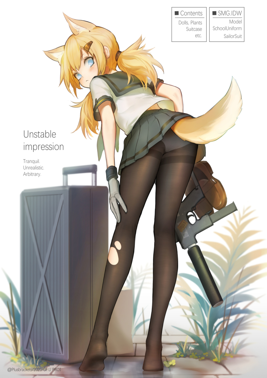 +)_(liu997139467), 1girl, alternate_costume, animal_ear_fluff, animal_ears, bent_over, blonde_hair, blue_eyes, bushman_ltd., cat_ears, cat_tail, english_text, extra_ears, from_behind, girls'_frontline, gloves, grey_sailor_collar, grey_skirt, gun, hair_ornament, hairclip, handgun, highres, idw_(girls'_frontline), legs, loafers, long_legs, machine_gun, machine_pistol, panties, panties_under_pantyhose, pantyhose, parker-hale, parker-hale_idw, parker-hale_pdw, personal_defense_weapon, pistol, plant, pleated_skirt, prototype_design, rheinlander_instruments_corp., rolling_suitcase, sailor_collar, school_uniform, serafuku, shoes, simple_background, skirt, solo, submachine_gun, suitcase, suppressor, tail, torn_clothes, torn_pantyhose, twintails, underwear, unworn_shoes, weapon, weeds, white_background, white_panties