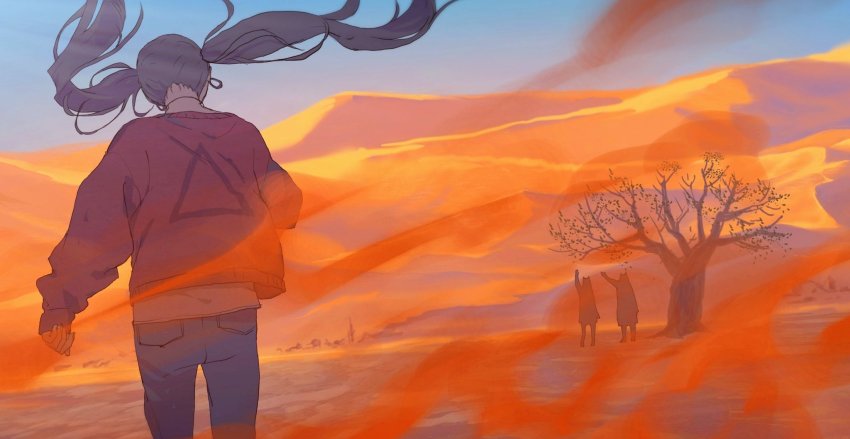 1girl, 2others, akizakura_mns, aqua_hair, arm_up, commentary, denim, desert