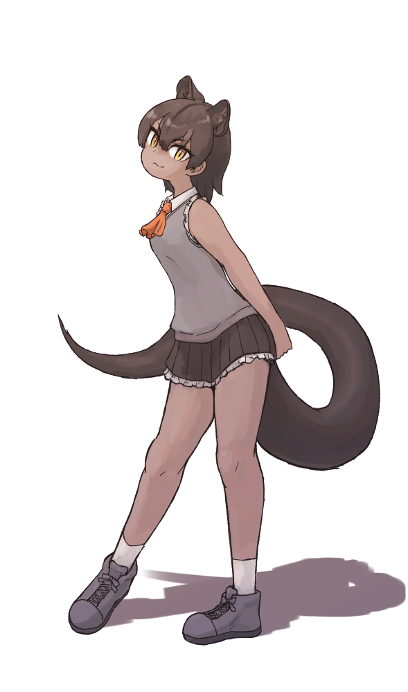 1girl, animal_ears, arms_behind_back, ascot, bare_arms, bare_legs, brown_hair, closed_mouth