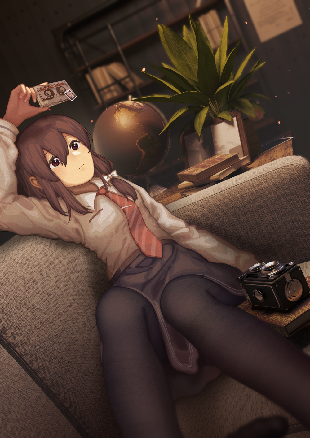1girl, arm_up, black_pantyhose, black_skirt, blurry, blurry_background, book, book_stack