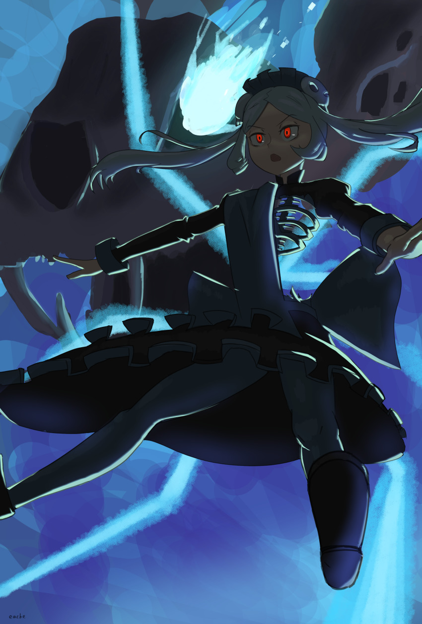 1girl, absurdres, apron, bloody_marie_(skullgirls), blue_background, dress, eache, energy, grey_hair, hair_ornament, high_collar, highres, maid, maid_headdress, open_mouth, pantyhose, red_eyes, ribs, skeleton, skull, skull_hair_ornament, skullgirls, solo, spread_legs, twintails