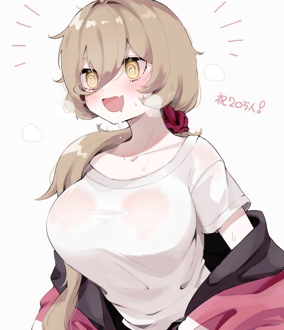 1girl, @_@, blush, breasts, breath, brown_hair, collarbone, drooling