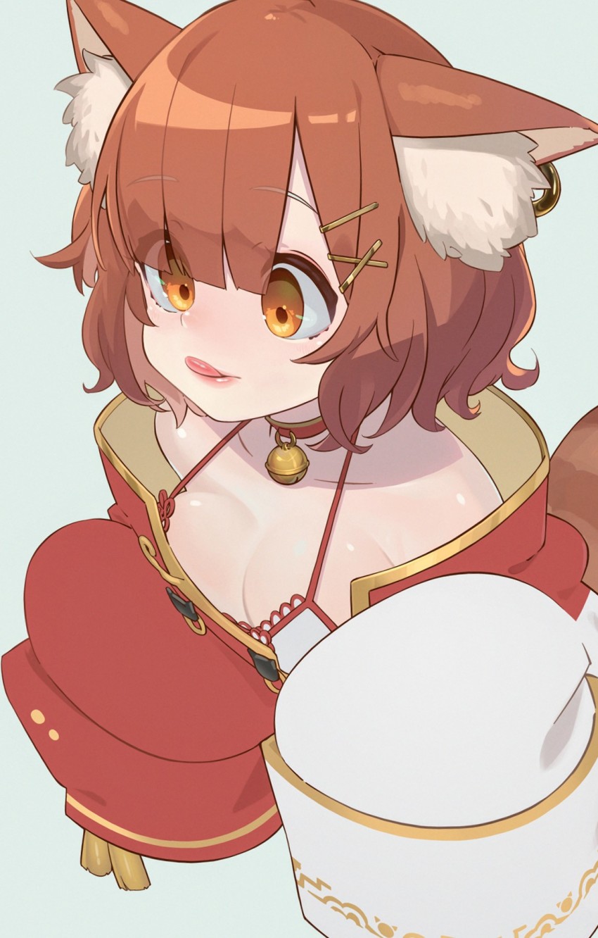 animal_ear_fluff, bare_shoulders, bell, breasts, brown_eyes, brown_hair, choker, cleavage