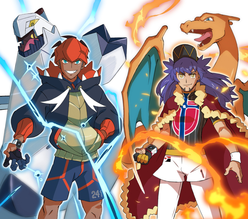 2boys, absurdres, aqua_eyes, baseball_cap, black_hair, black_hoodie, cape, charizard