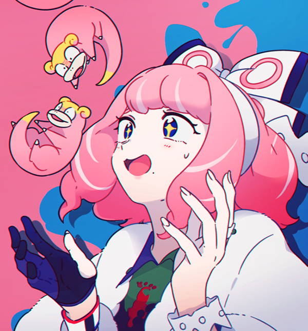 +_+, 1girl, blue_eyes, bracelet, coat, collared_shirt, dynamax_band, eyelashes, eyeshadow, fur_coat, fur_jacket, galarian_form, galarian_slowpoke, gen_8_pokemon, gloves, jacket, jewelry, klara_(pokemon), lemonmelon00, looking_up, makeup, mole, mole_under_mouth, nintendo, open_mouth, partially_fingerless_gloves, pink_eyeshadow, pink_hair, pink_lips, pokemon, pokemon_(creature), pokemon_sword_and_shield, ring, shirt, single_glove, tongue, white_jacket