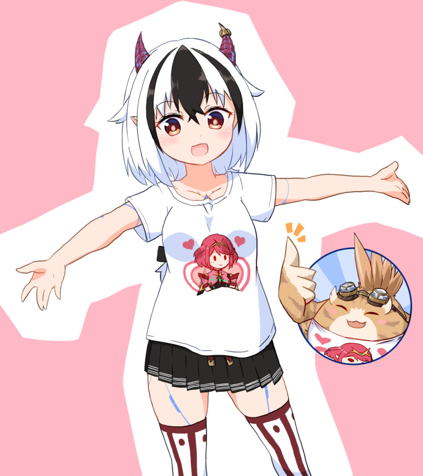 borrowed_clothes, crossette_(xenoblade), goggles, highres, horns, multicolored_hair, paskmel, pointy_ears