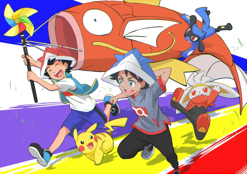 2boys, absurdres, arm_behind_head, ash_ketchum, black_hair, black_pants, blue_eyes, children's_day