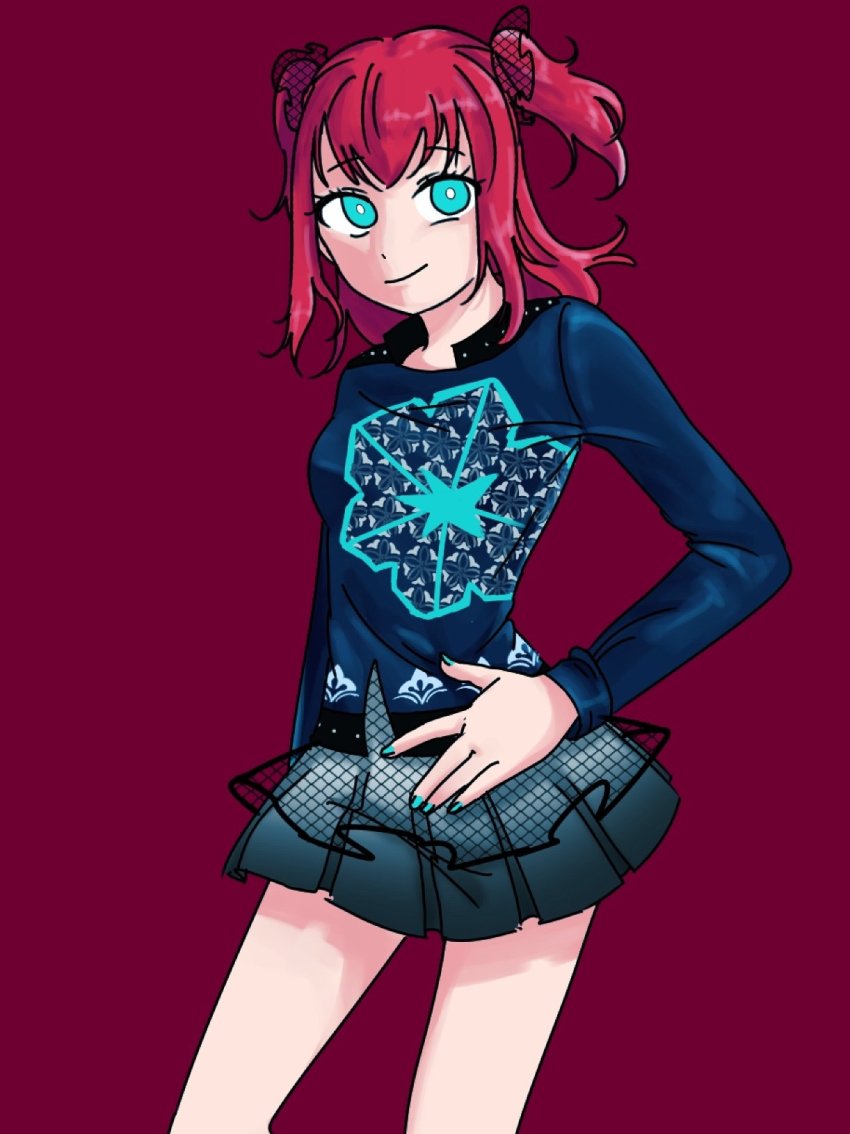 1girl, aqua_eyes, aqua_nails, artist_name, artist_request, bare_legs, black_skirt, blue_shirt