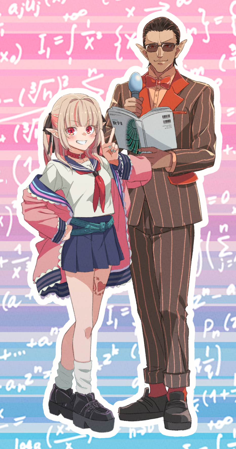 1boy, 1girl, alternate_costume, belt, book, collar, commentary_request, formal_clothes, glasses, gwelu_os_gar, gwelu_os_gar_(1st_costume), highres, jacket, looking_at_viewer, makaino_ririmu, math, microphone, nijisanji, pants, pinstripe_pattern, pinstripe_suit, platform_footwear, pointy_ears, red_eyes, sabamen, school_uniform, shoes, socks, striped, suit, v, virtual_youtuber