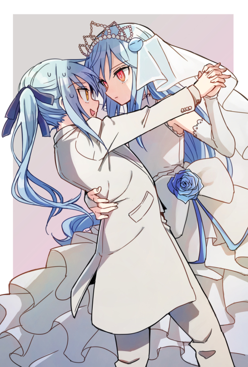 2others, androgynous, blue_hair, bridal_veil, ciel_(tensura), clone, closed_mouth, dress