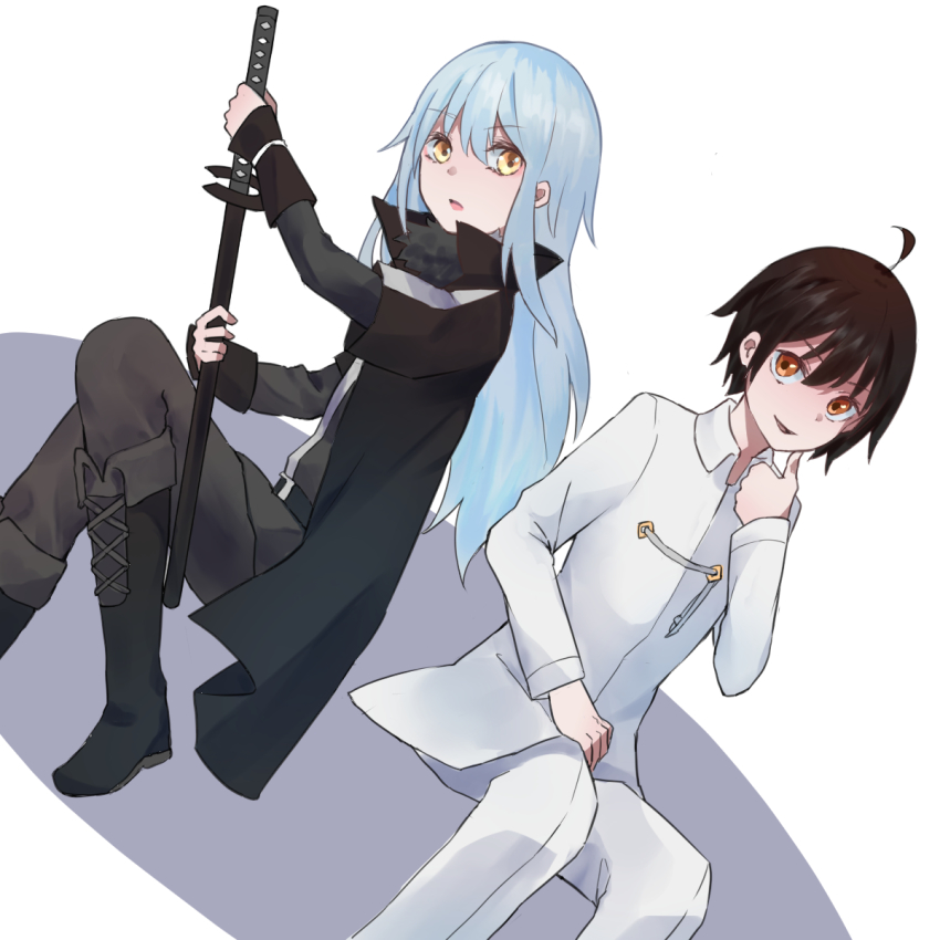 1boy, 1other, androgynous, bad_id, bad_pixiv_id, black_hair, blue_hair, brown_eyes