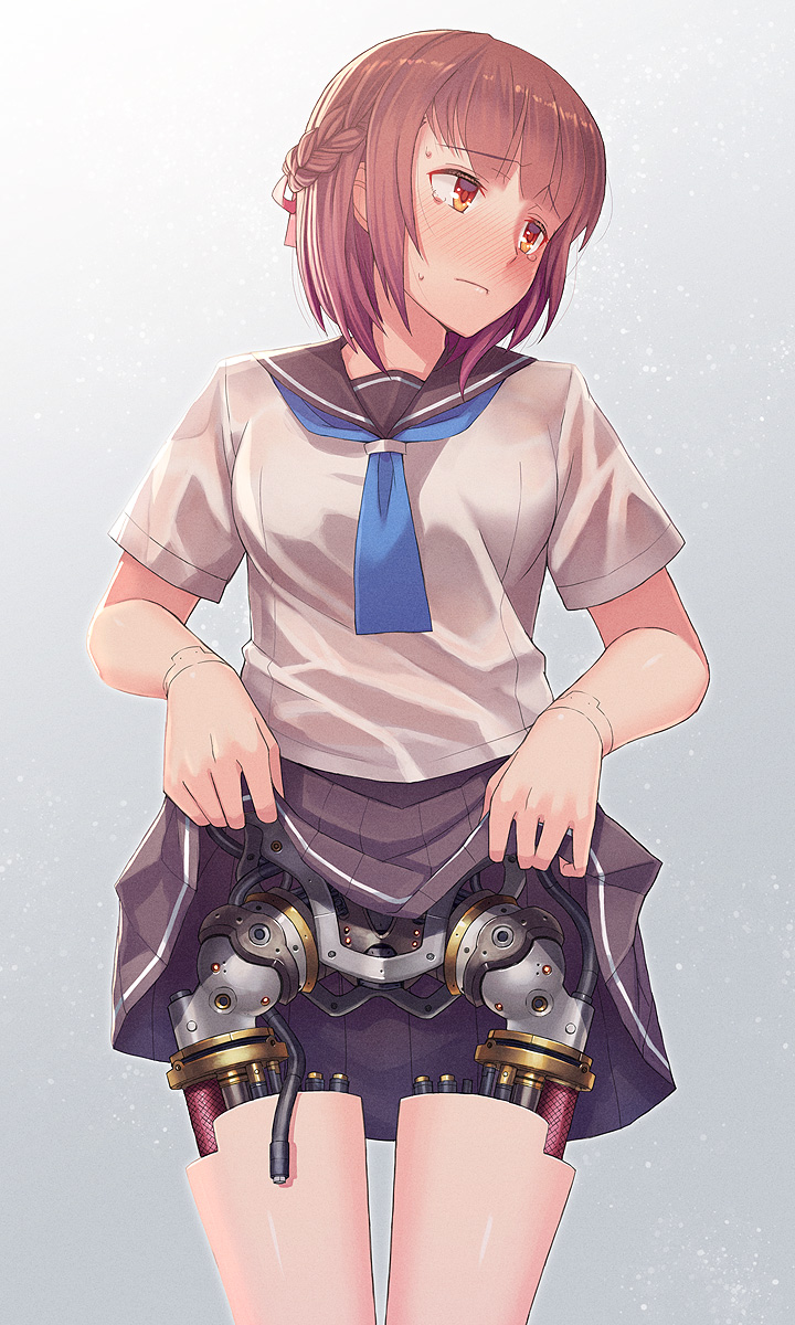 1girl, android, android_girl_aki, android_girl_kotomi, averting_eyes, black_skirt, blue_neckwear, blush, braid, brown_eyes, brown_hair, clothes_lift, commentary_request, cowboy_shot, embarrassed, grey_background, grey_shirt, half_up_braid, highres, itou_(onsoku_tassha), joints, looking_away, looking_to_the_side, mechabare, nose, original, pleated_skirt, robot, robot_joints, school_uniform, science_fiction, serafuku, shirt, short_hair, short_sleeves, simple_background, sketch, skirt, skirt_lift, solo, sweat, tears