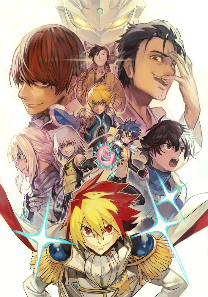 6+boys, alien, armor, bandages, bare_pectorals, bedivere_(fate), belt, black_gloves, black_hair, black_pants, blonde_hair, blouse, blue_eyes, blue_hair, braid, breastplate, brown_eyes, brown_hair, cape, choker, clenched_hand, closed_eyes, closed_mouth, coat, colored_bangs, crossover, dao_(weapon), death_note, disgaea, facial_hair, fate/grand_order, fate_(series), flynn_scifo, fullmetal_alchemist, glint, gloves, glowing, glowing_eyes, glowing_hand, green_eyes, grin, gundam, gundam_00, hair_over_one_eye, holding, holding_sword, holding_weapon, hungry_clicker, jacket, killia_(disgaea), kingdom_hearts, kingdom_hearts_i, knight, lab_coat, ling_yao, long_hair, long_sleeves, looking_at_viewer, looking_to_the_side, makai_senki_disgaea_5, makai_wars, male_focus, messy_hair, miyano_mamoru, multiple_boys, multiple_crossover, navel, necktie, okabe_rintarou, open_mouth, orange_eyes, pants, pectorals, pointy_ears, ponytail, profile, prosthesis, prosthetic_arm, red_hair, red_neckwear, riku_(kingdom_hearts), science_adventure, setsuna_f._seiei, shirt, smile, spiked_hair, star_driver, steins;gate, strap, surcoat, sword, tales_of_(series), tales_of_vesperia, tokusatsu, tsunashi_takuto, ultra_galaxy_(series), ultra_series, ultraman_zero, ultraman_zero:_the_revenge_of_belial, ultraman_zero_the_movie_choukessen!_belial_ginga_teikoku, voice_actor_connection, voice_actor_tribute, weapon, white_hair, wings, yagami_light, yellow_coat, yellow_eyes, yellow_shirt