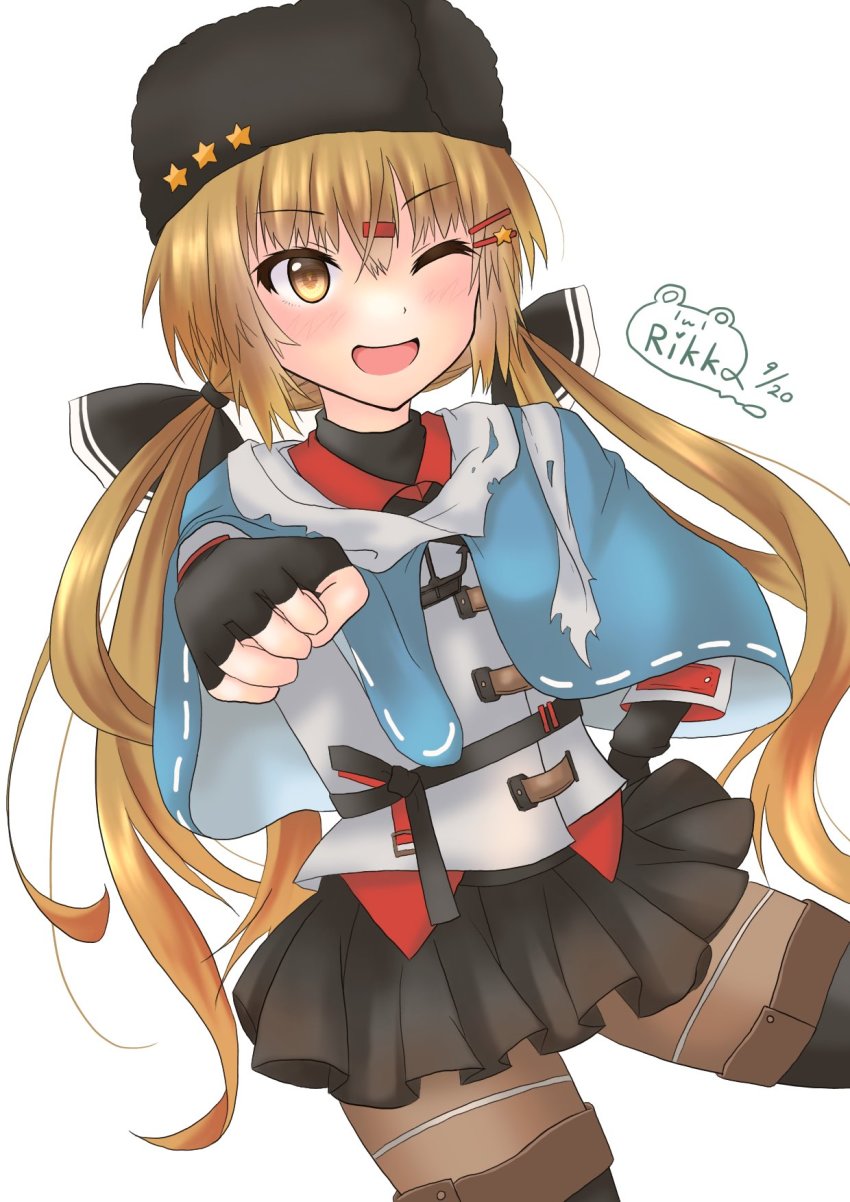 64, black_hat, blue_shawl, brown_eyes, brown_hair, fingerless_gloves, gloves, hair_ornament