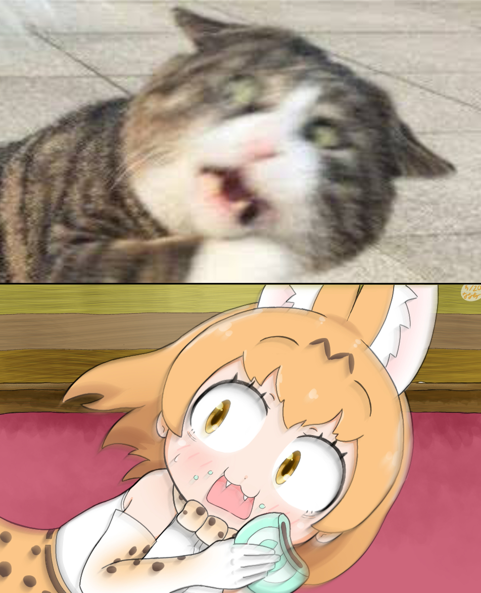 animal_ears, animal_print, bow, cat, caught, commentary_request, fangs, food, gloves, high-waist_skirt, japari_bun, kemono_friends, motion_blur, nanatidayo, photo-referenced, photo_inset, print_bow, print_gloves, print_neckwear, print_skirt, reference_photo, serval_(kemono_friends), serval_tail, skirt, tail