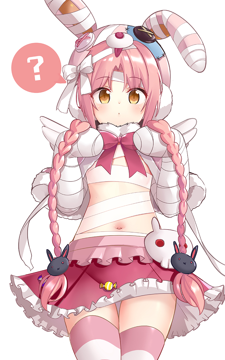 1girl, ?, animal_ear_headwear, animal_ears, animal_hat, bandaged_arm, bandaged_hand, bandages