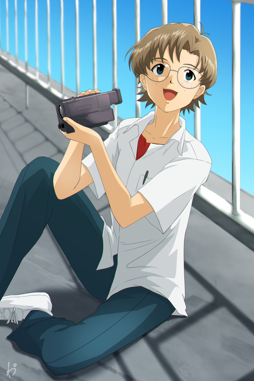 1boy, absurdres, aida_kensuke, blouse, blue_eyes, brown_hair, camcorder, collared_shirt