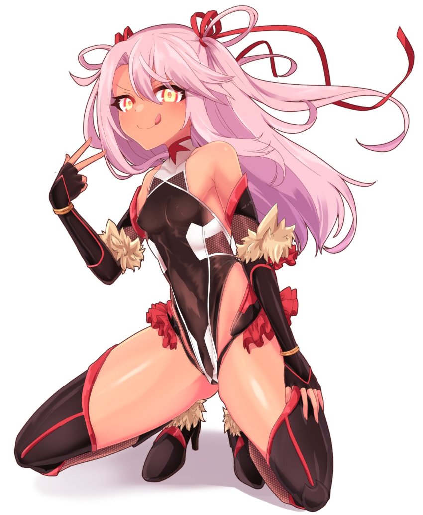 1girl, black_leotard, breasts, chawan_(yultutari), chloe_von_einzbern, cosplay, covered_navel, dark-skinned_female, dark_skin, fate/kaleid_liner_prisma_illya, fate_(series), fishnets, highleg, highleg_leotard, highres, leotard, long_hair, looking_at_viewer, mizuki_yukikaze_(cosplay), orange_eyes, pink_hair, shiny_skin, simple_background, small_breasts, solo, taimanin_(series), taimanin_suit, taimanin_yukikaze, thighhighs, white_background