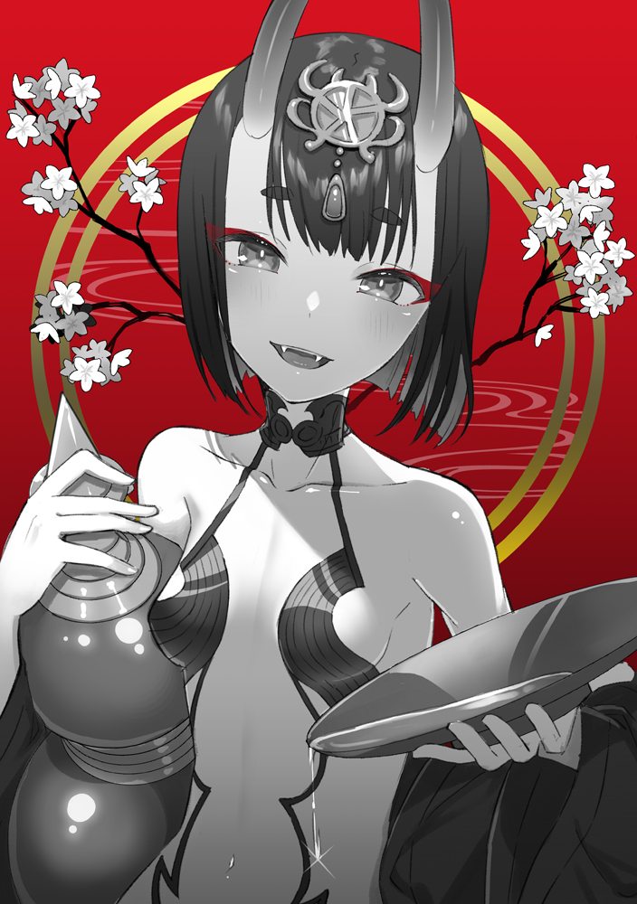 1girl, 90kyuuri, alcohol, bare_shoulders, bob_cut, breasts, collarbone, cup